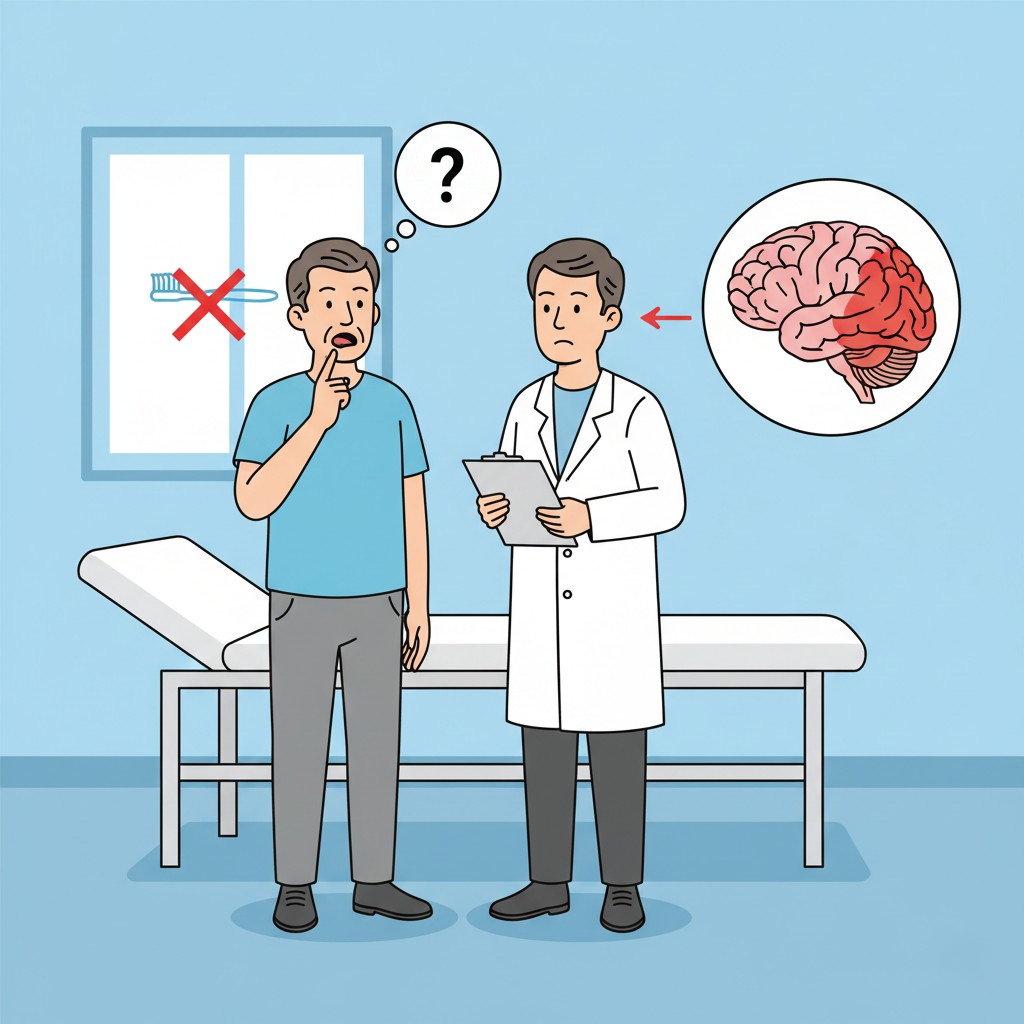 Patient demonstrating ideomotor apraxia during a pantomime task