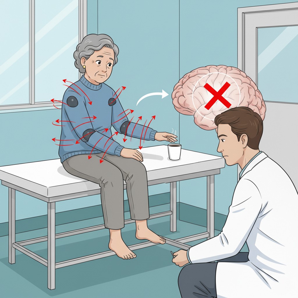 Clinical examination of asynergia showing decomposition of movement