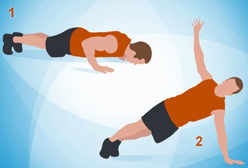 An illustration of a push-up and rotation exercise.
