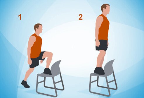 Stand facing a sturdy chair or bench.