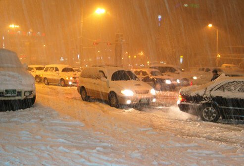 Traffic during a snowstorm.