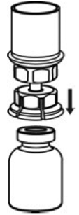 With the AFSTYLA vial placed firmly on a flat surface, invert the diluent vial with the Mix2Vial transfer set attached and push the plastic spike of the transparent adapter firmly through the center of the stopper of the AFSTYLA vial - Illustration