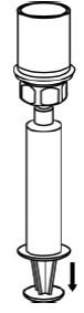 Draw air into an empty, sterile syringe. While the AFSTYLA vial is upright, screw the syringe to the Mix2Vial transfer set. Inject air into the AFSTYLA vial. While keeping the syringe plunger pressed, invert the system upside down and draw the concentrate into the syringe by pulling the plunger back slowly. - Illustration