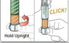 Screw the needle onto the Pen by pushing and twisting clockwise until it is tight - Illustration Screw the needle onto the Pen by pushing and twisting clockwise until it is tight - Illustration