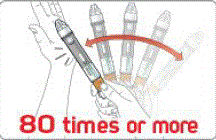 While holding the pen straight up, slowly turn the knob. Stop when you hear the click and the green label disappears - Illustration While holding the pen straight up, slowly turn the knob. Stop when you hear the click and the green label disappears - Illustration