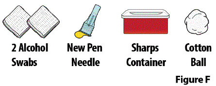 2 alcohol swabs, new pen needle, sharps container and cotton ball - Illustration
