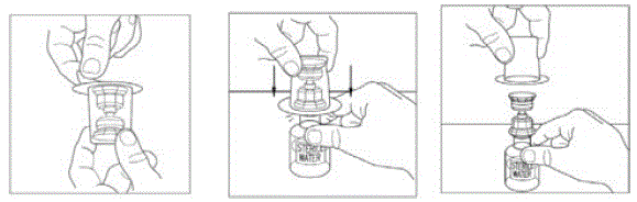 Mix2Vial transfer device must be positioned completely upright before penetrating the rubber stopper  - Illustration