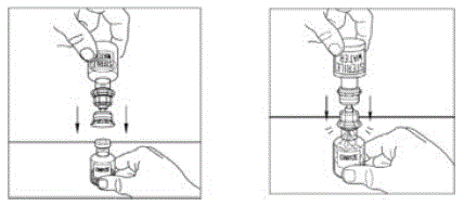 Turn the diluent vial containing 5 mL Sterile Water for Injection, USP, upside-down and insert the clear end of the Mix2Vial transfer device into the vial of CINRYZE - Illustration