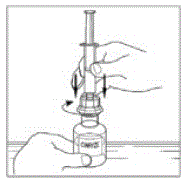 Attach the syringe onto the clear end of the Mix2Vial transfer device - Illustration