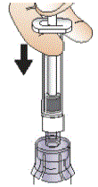 With the syringe still connected to the vial adapter,
gently swirl the vial, with syringe attached, until the powder is dissolved in the vial - Illustration