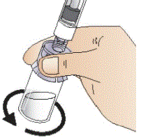 Allow the vial with the attached syringe to stand on the flat surface for 2 minutes at room temperature to allow the powder to completely dissolve - Illustration