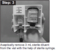 Aseptically remove 3 mL sterile diluent from the vial
with the help of sterile syringe - Illustration Aseptically remove 3 mL sterile diluent from the vial
with the help of sterile syringe - Illustration
