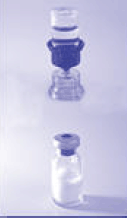 Place the blue end of the Mix2Vial on the sterile water vial and push straight down until the spike penetrates the rubber stopper and snaps into place - Illustration