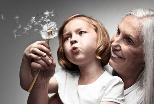 Photo of a grandmother and grandchild blowing a dandelion.