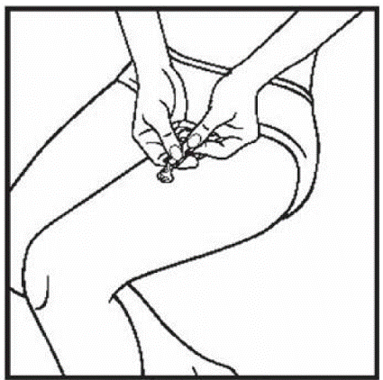Using your thumb and index finger, squeeze the entire contents of the packet onto the skin of the upper thigh - Illustration