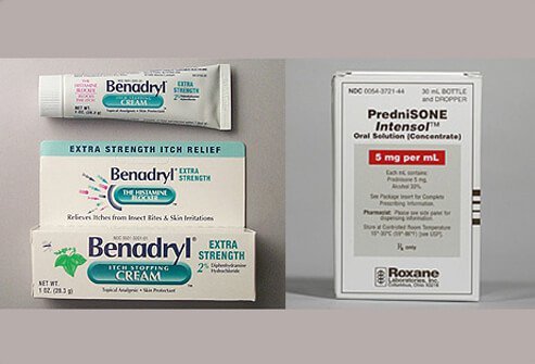 Antihistamine drugs such as Benadryl and corticosteroids such as prednisone are medications used to treat eczema.