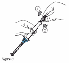 Attach the needle to the tip of the edex® injection device by turning clockwise until tight - Illustration