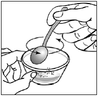 Hold the container with one hand. With your other hand,
use the teaspoon to gently mix the capsule contents and the infant
formula - Illustration