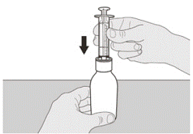 Keeping the bottle in an upright position, insert the
syringe tip into the bottle adapter - Illustration