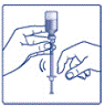 Turn the FIASP vial and syringe upside down and slowly
pull the plunger down until the tip of the plunger is a few units
past the line for your dose - Illustration