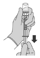 While holding the syringe with the tip pointing up, screw the injection needle (v) clockwise (right) onto the syringe. - Illustration