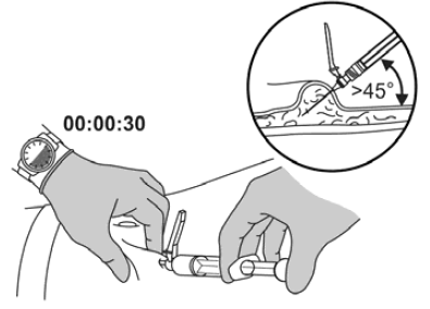 Position the needle shield approximately 45 degrees to a flat surface. - Illustration