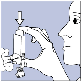 Spray the inhaler 1 time into the air - Illustration Spray the inhaler 1 time into the air - Illustration