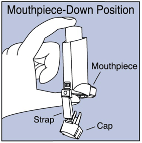 Hold the inhaler with the mouthpiece down - Illustration Hold the inhaler with the mouthpiece down - Illustration