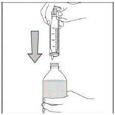 Push the plunger of the syringe all the way down then insert the syringe into the upright bottle through the opening in the bottle adapter - Illustration