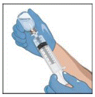 Turn the vial upside down and pull back on the plunger to pull the GLASSIA solution into the syringe - Illustration