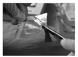 To open the inner pouch, gently hold the
crimped edge and cut in an arc-like fashion around the wafer - Illustration To open the inner pouch, gently hold the
crimped edge and cut in an arc-like fashion around the wafer - Illustration