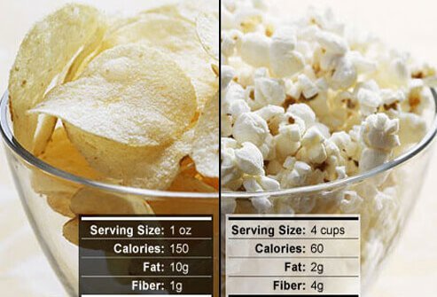 Photo of potato chips and popcorn.