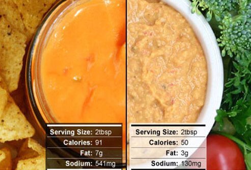 A few tablespoons of hummus is a better low-fat snack choice than nacho cheese sauce. 