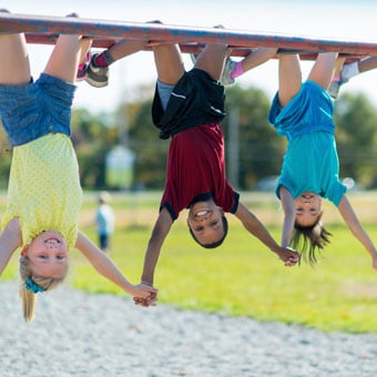 Kids hold hands and hang from monkey bars.