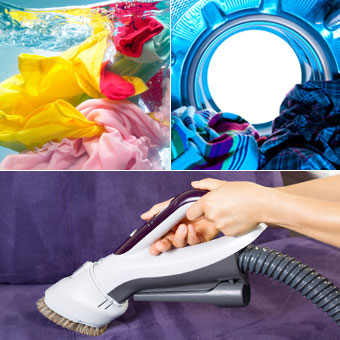 Machine wash all clothing and bed linens, dry laundry using hot cycle, and vacuum floors and furniture for house treatment of head lice.