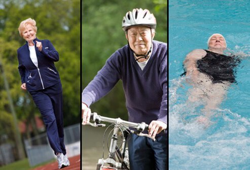 Seniors performing walking, biking and swimming exercises.