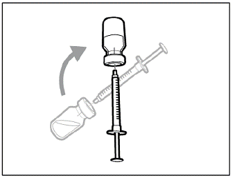 Keep the transfer needle in the vial and turn the vial upside
down - Illustration