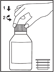 Press down on the
child-resistant cap and twist the cap counterclockwise to open bottle - Illustration