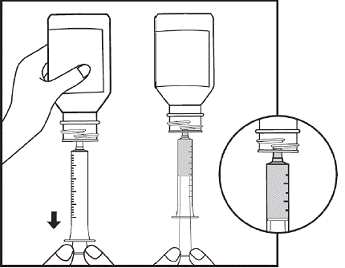  With the oral dosing
syringe in the bottle adapter, carefully turn the bottle upside down - Illustration