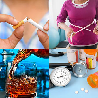 The collage of treatments for high blood pressure includes quit smoking, lose weight, avoid alcohol and medications.