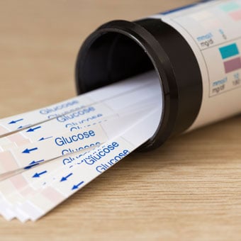 Bottle of diabetes indicator strips for blood glucose testing.