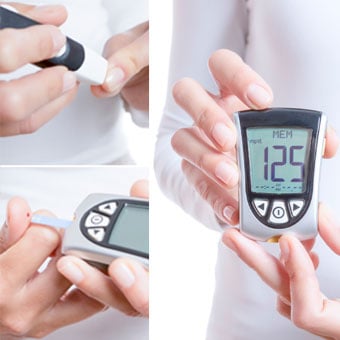 Glycemia collage consisting of a finger prick, blood drop in a reactive strip and a glucometer with a correct value.