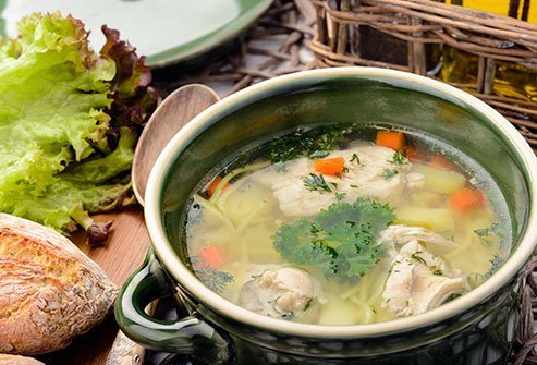 Chicken soup decreases mucus and helps the body get rid a cold more quickly.