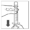 Press and keep the plunger down and turn the IXINITY vial/vial adapter/Administration Syringe upside down to transfer the solution - Illustration