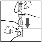 firmly push the filter spike of the vial adapter through the center of IXINITY vial’s rubber circle until the clear plastic cap snaps onto the IXINITY vial - Illustration