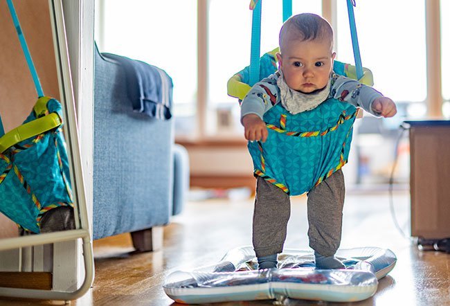 A baby can go in a baby bouncer at around the age of 3-6 months.