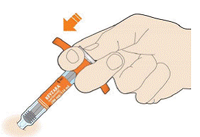 There will be a second click when the injection is complete. Check to see if the entire window has turned solid yellow before you remove the pen - Illustration