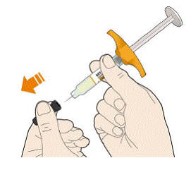 Put the yellow needle cover on your skin at about a 90 degree angle - Illustration