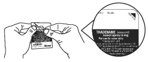 Remove KLOXXADO nasal spray from the box. Peel back the tab with the black triangle (?) to open the KLOXXADO nasal spray blister - Illustration
