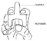 Hold the KLOXXADO nasal spray with your thumb on the bottom of the plunger and your first and middle fingers on either side of the nozzle - Illustration